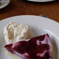 Raspberry and coconut tart with ice cream (all vegan) at Pumpernickel Coffee Shop in Dumfries
