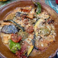 Vegan cassoulet with eggplant, courgette, chickpeas, peppers, sunripened tomatoes at Le Cachotier in Carcassonne