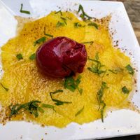 Pineapple with blackcurrant sorbet at Le Cachotier in Carcassonne