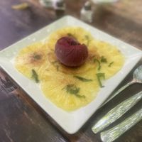 Caramelised pineapple with sorbet  at Le Cachotier in Carcassonne