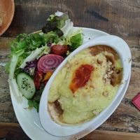 Vegan 'Parmentier' (Base of 'Soy Meat', a layer of Braised Onions 🧅, topped with Smashed Potatoes 🥔) + Side Salad 🥗 at Le Cachotier in Carcassonne