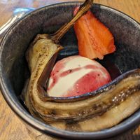 Vegan panna cotta with grilled banana at Le Cachotier in Carcassonne