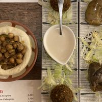 Hummus, falafel, aubergines at Al Jaima de Abou Khalil in Barcelona