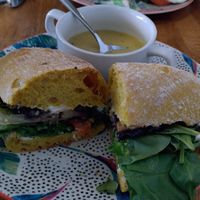 Vegan cheese and anarcadi sandwich with veg soup at Bell Pesto Cafè in Dublin