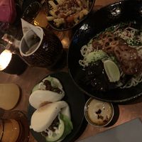 Loaded fries, noodle salad, fried mushrooms and fake duck buns  at The Alchemist in Salford