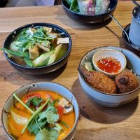 Summer rolls, pho, "chicken" drumsticks, coconut soup at Udum in Cologne
