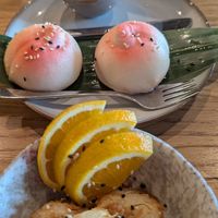 Dessert: BAO bun with red bean filling, coconut balls at Udum in Cologne