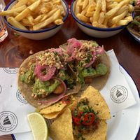 Vegan aubergine tacos with vegan rosemary chips 😍😍 at Schooners in St Agnes