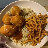 Rice, S&S Balls and Crispy chilli “beef"  at Sholing Take Away in Southampton