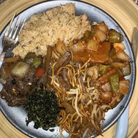 From top left, clockwise: fried rice, Szechuan chicken, chicken chow mein, crispy seaweed, beef with black bean and veg (all vegan of course)  at Sholing Take Away in Southampton