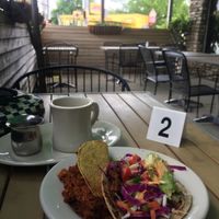 crispy taco (soyrizo & potato) and a seitan “fish” taco on whole wheat tortilla. NICE.  at Mr. Natural - East Cesar in Austin