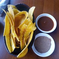 Plantain Chips with the default sauce and another vegan sauce, who's name I forget. at Baobab Fare in Detroit