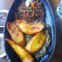 Mboga - Creamed spinach, stewed yellow beans, spiced rice pilaf, and plantains. at Baobab Fare in Detroit