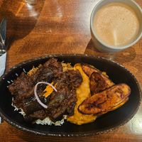 intore, half rice pilau half coconut rice, yellow beans & plantains (which come with the meal, but are not mentioned as such on the menu)
oatmilk latte at Baobab Fare in Detroit