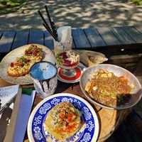 Right to left: pasta of the day, mushroom draniki, avocado toast at Sarai.Space in Brest