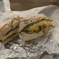 Onion bagel with vegan egg, vegan sausage, vegan cheese, onion and jalapeños.   at Court Street Bagels in Brooklyn