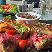 Made it up, and they let me!  Delicious, guacamole toast with beet hummus and sautéed onions/mushrooms (side of hot sauce recommended). Delicious!  Staff is super nice and helpful at Ohana Cafe in Saugerties