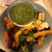 Baked veg and homemade vegan kale pesto  at Zloty Osiol in Katowice