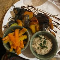 Vegetables skewers with carrots and vegan cashews dip  at Orto con Cucina in Milan