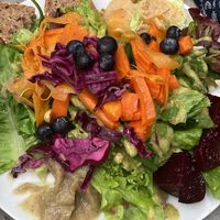 Lunch salad: lots of flavorful components. Bread and peanut hummus were a highlight   at De Moestuin in Utrecht