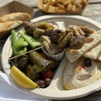 Meze plate with skewers   at Theano Vegan Greek & Mediterranean in Austin