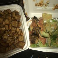 beef + friez at Theano Vegan Greek & Mediterranean in Austin