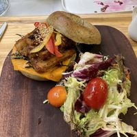 Salty fish bagel. Marinated omnipork and eggplant with bell pepper, seaweed and daiya cheese. at Root Vegan - 本原純素 in Hong Kong Island