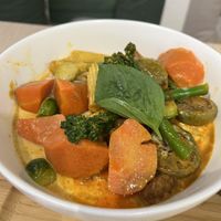 紅咖哩雜錦蔬菜天貝 ，
Signature Red Curry Veggies &
Tempeh
  at Root Vegan - 本原純素 in Hong Kong Island