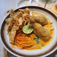 Thai curry noodles with chicken drumsticks at Root Vegan - 本原純素 in Hong Kong Island