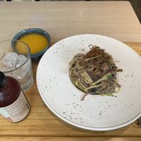 I ordered the truffle mushroom pasta with soup of the day (pumpkin soup) and lychee kombucha   at Root Vegan - 本原純素 in Hong Kong Island