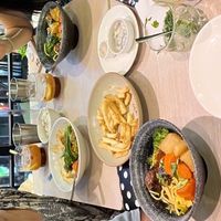 taiwanese braised noodles & curry +rice (meh), bacon fries, hojicha apple tea at Root Vegan - 本原純素 in Hong Kong Island