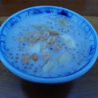 Tapioca pearls dessert with coconut milk, banana and roasted peanuts at Que Toi in Langon