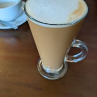 Oat milk latte (oatmilk used doesn't froth well) at Liz MacGregor's Coffee Shop in Aberfoyle