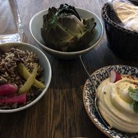Green lentils with rice and eggplant, hummus and artichoke  at Tabbouli - City in Stockholm