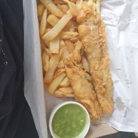 Banana blossom fish and chips with mushy peas at Sea & Earth in Nottingham