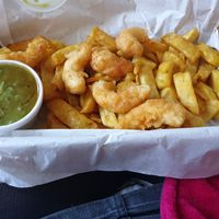 Vegan scampi and chips with mushy peas at Sea & Earth in Nottingham