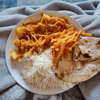 Aloo tama with garlic rice, Himalayan chips and tandoori roti. Not the full portion sizes, just as much as I could fit on my plate at Gurkha in Dawlish