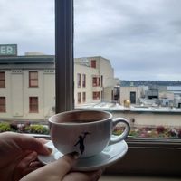 hot choc and view of the market and the sound (so magical) at Storyville Coffee in Seattle