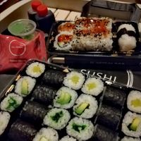 Both dishes with the fortune cookie, ginger, wasabi and soy sauces #Veganuary at Mr Sushi in Groningen