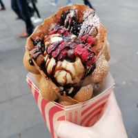 Vegan waffle, pistachio sorbet, raspberries and chocolate sauce at Bubblewrap Waffle in London