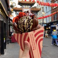 Waffle with pistachio ice cream and strawberries, highly recommend at Bubblewrap Waffle in London