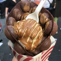 waffle with pistachio ice cream and lotus speculoos sauce  at Bubblewrap Waffle in London