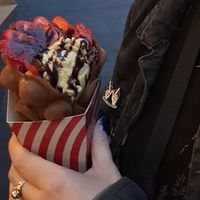 Pistachio vegan ice cream, fresh strawberry, chocolate sauce at Bubblewrap Waffle in London