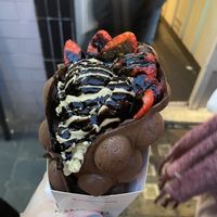 chocolate base with chocolate sauce, strawberries and pistachio ice cream   at Bubblewrap Waffle in London