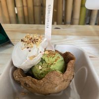 Caramel and lime ice cream on cookie bowl  at eighty7sweets Vegan Ice Cream Company in Atlanta