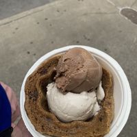 Pecan and chocolate ice cream scoops in a chocolate chip cone 🍪  at eighty7sweets Vegan Ice Cream Company in Atlanta