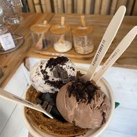 Slam dunk! Cookie bowl and three different ice creams. Wakanda flavor is so good!  at eighty7sweets Vegan Ice Cream Company in Atlanta
