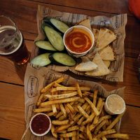 Red pepper hummus & vegan fries at Arizona Wilderness DTPHX in Phoenix