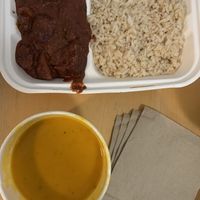 creamy hokkaido soup with coconut milk & beetroot curry, both vegan at Soupa in Bratislava