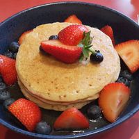 Pancakes with maple syrup and fruit at Emma's Diner in Whitby